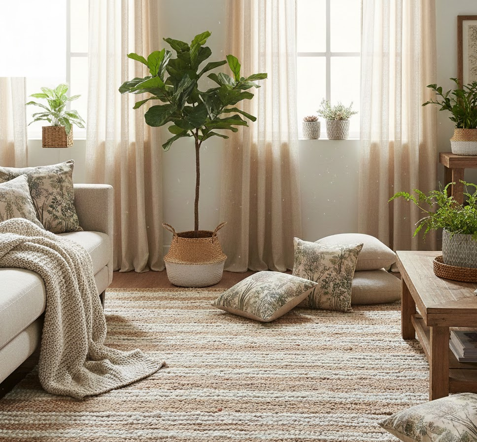 Neutral handwoven area rug styled in a cozy living room with indoor plants and soft furnishings