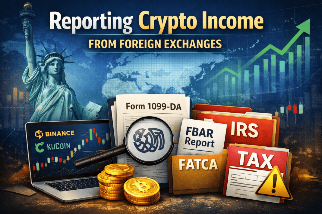 Reporting Crypto Income from Foreign Exchanges: Key Considerations Illustration showing reporting crypto income from foreign exchanges, including IRS tax forms, FBAR, FATCA, and cryptocurrency symbols