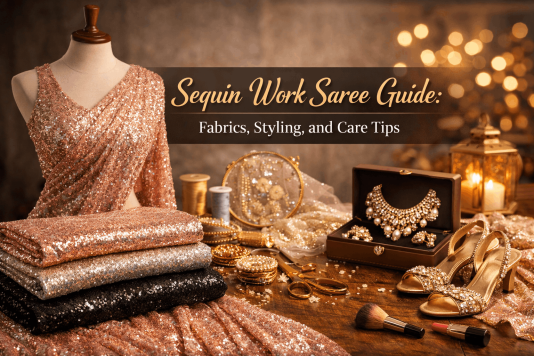 Sequin Work Saree Guide: Fabrics, Styling, and Care Tips Sequins work sarees (1)