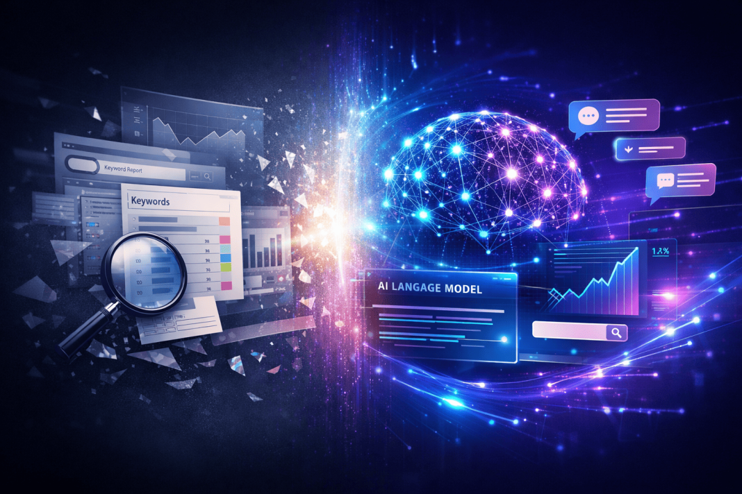 Illustration showing the evolution from traditional SEO tools to LLM SEO Optimization with AI-powered language models, neural networks, and advanced search intelligence.