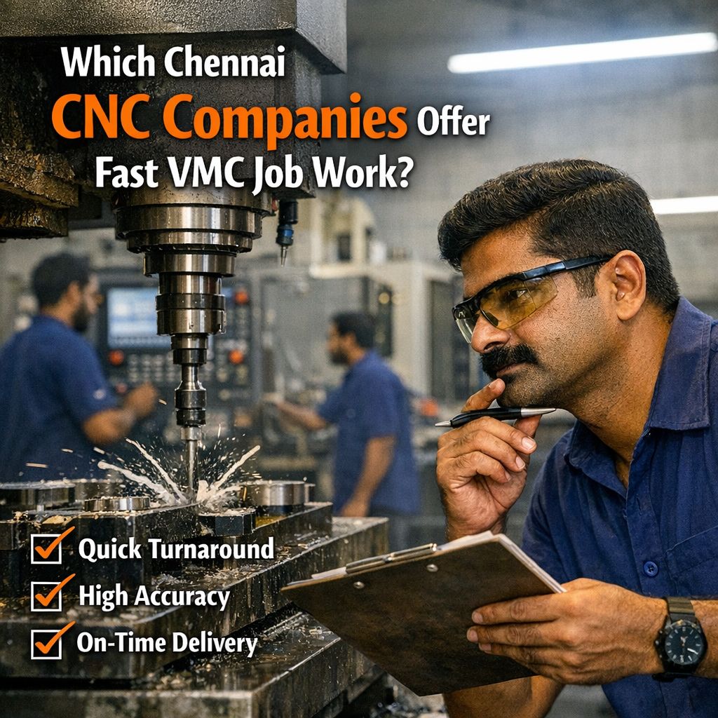 Which Chennai CNC Companies Offer Fast VMC Job Work? Technician inspecting CNC VMC machining process in Chennai for fast and precise job work