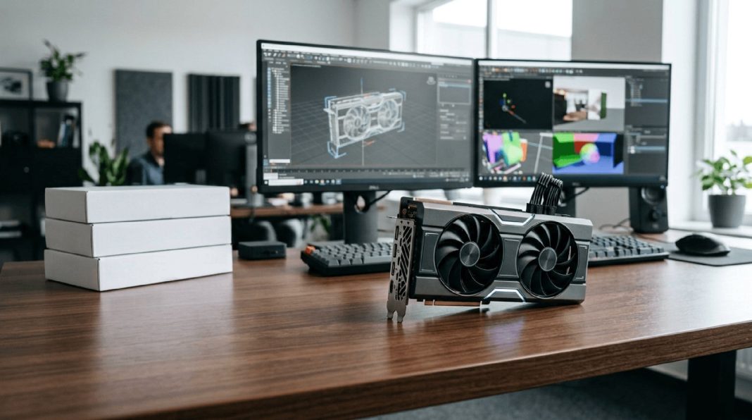 Graphics card on an office desk in front of two monitors running 3D software.